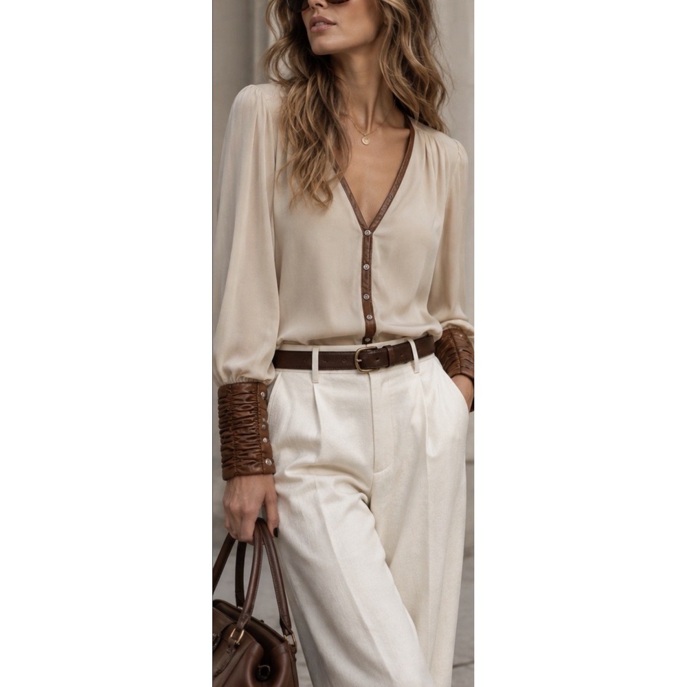 Elizabeth and James XS 100% Silk Blouse Lambskin Leather Ruched Cuffs Button Up